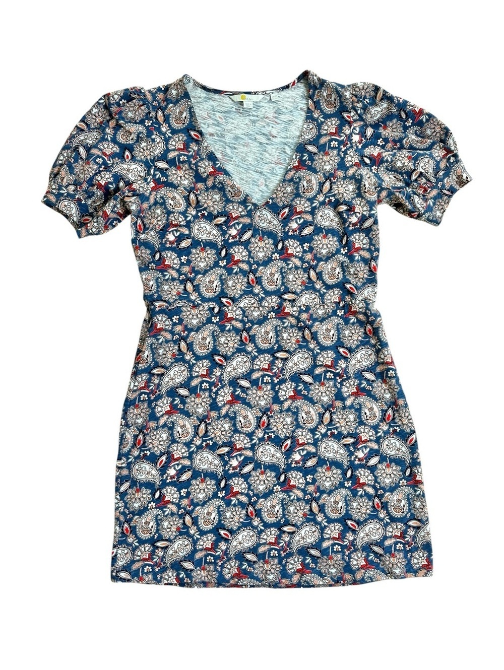 Boden Paisley Print Puff Sleeve V Neck Cotton Mini Dress